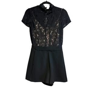Maje Ilo Guipure Black Ruffle Trim Lace Crepe Playsuit Romper Size 36 (S)